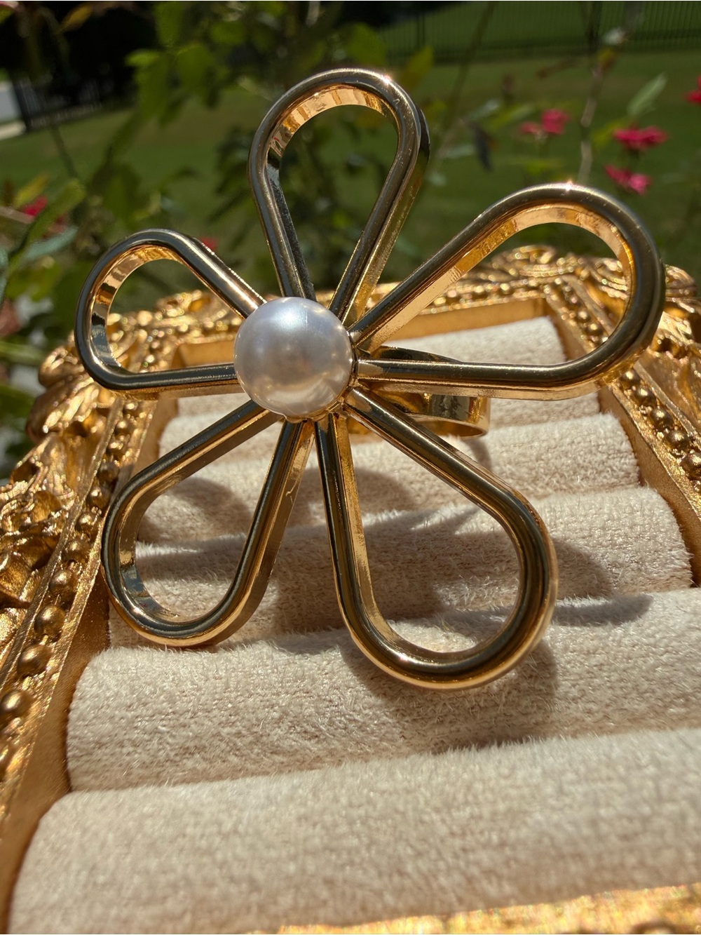 Gold Flower Pearl Center Statement Ring